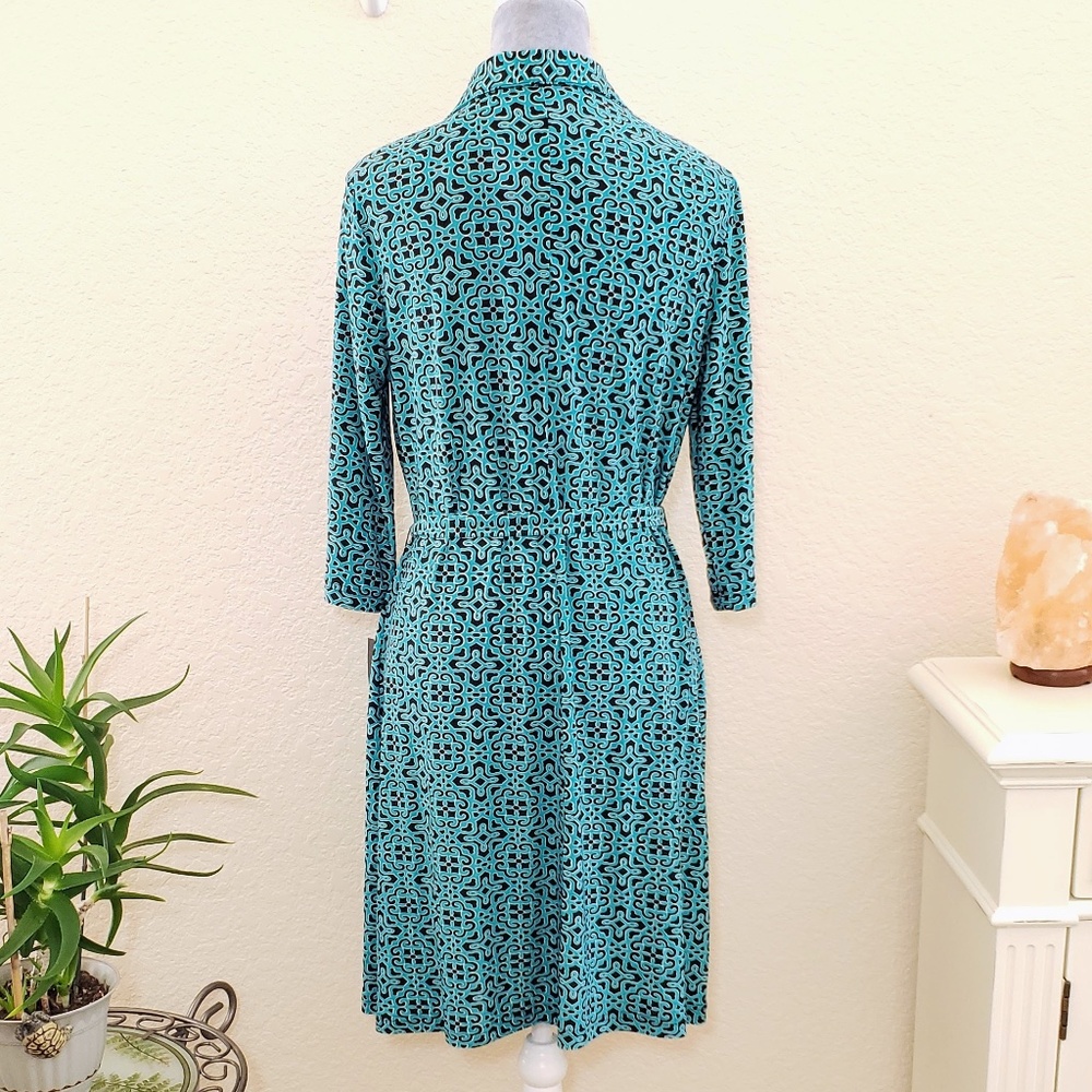 Mlle Gabrielle Black & Aqua Aztec Print Jersey Knit Belted Shift Dress - Size PL - Picture 3 of 10